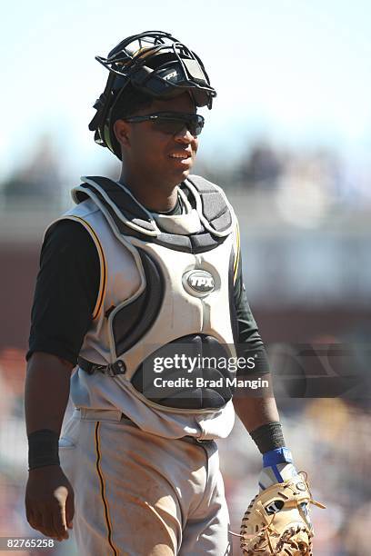 Robinzon Diaz of the Pittsburgh Pirates plays defense at catcher during the game against the San Francisco Giants at AT&T Park in San Francisco,...