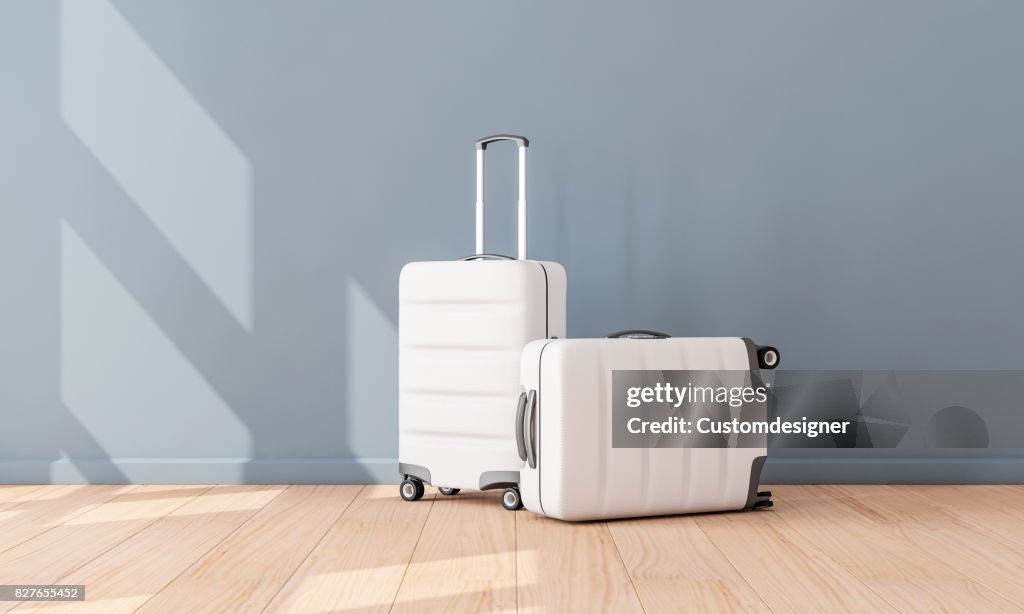 Two White Luggage mockup in empty room, Suitcase, baggage