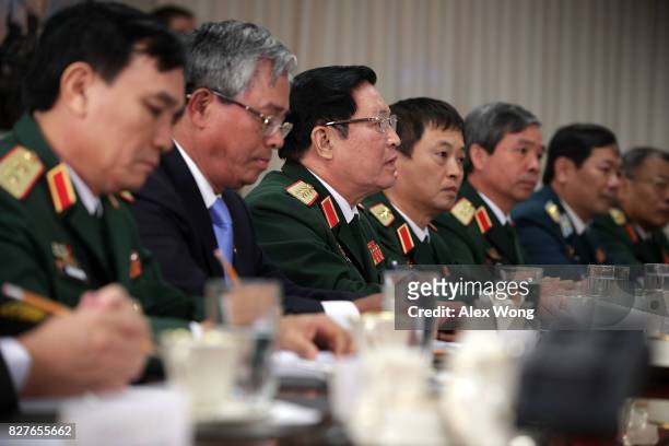 Vietnamese Minister of National defense General Ngo Xuan Lich speaks during a bilateral meeting with U.S. Secretary of Defense Jim Mattis at the...
