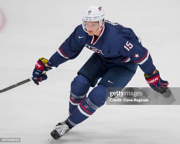 Riley Tufte of the USA follows the play against Sweden during a World Jr. Summer Showcase game at USA Hockey Arena on August 2, 2017 in Plymouth,...