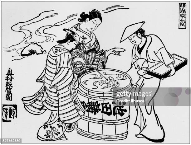 antique japanese illustration: the three saki tasters by okumura masanobu (1710) - sake stock illustrations