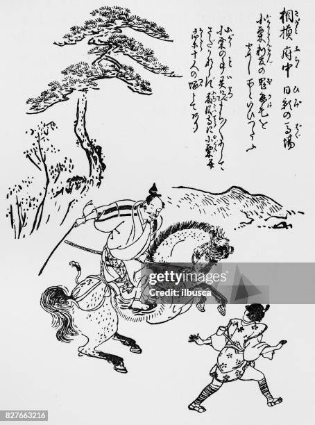 antique japanese illustration: man on horse by tsukioka tange - japanese language stock illustrations