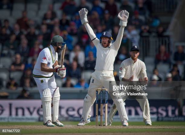 England wicketkeeper Jonathan Bairstow successfully appeals for the wicket of Hashim Amla of South Africa during the fourth day of the fourth test at...