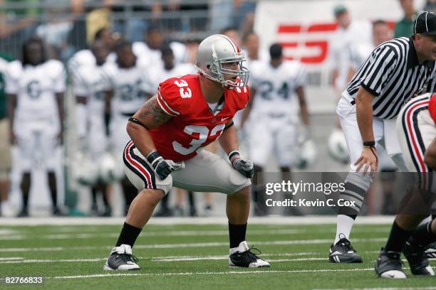 James Laurinaitis of the Ohio State Buckeyes gets ready on the field during the game against the Ohio Bobcats at Ohio Stadium on September 6, 2008 in...