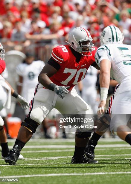 Bryant Browning of the Ohio State Buckeyes blocks the line during the game against the Ohio Bobcats at Ohio Stadium on September 6, 2008 in Columbus,...