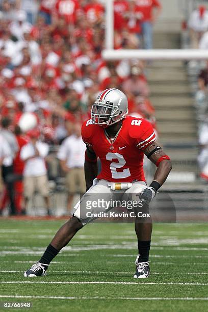 Malcolm Jenkins of the Ohio State Buckeyes moves on the field during the game against the Ohio Bobcats at Ohio Stadium on September 6, 2008 in...