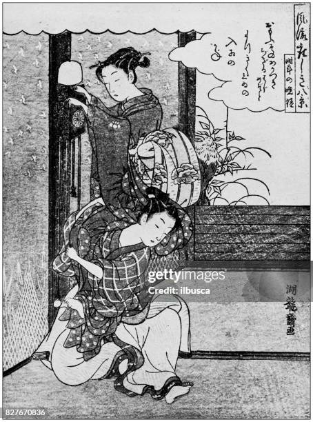 antique japanese illustration: winding a clock by koriusai - setting clock stock illustrations