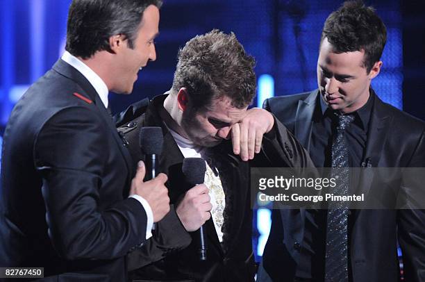 Host Ben Mulroney, Canadian Idol Season 6 Winner Theo Tams and contestant Mitch MacDonald at the Canadian Idol Season 6 Finale on September 10, 2008...