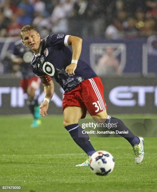 Bastian Schweinsteiger of the MLS All-Stars passes against Real Madrid during the 2017 MLS All- Star Game at Soldier Field on August 2, 2017 in...