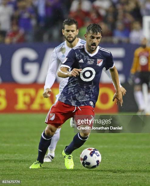 David Villa of the MLS All-Stars advances the ball against Real Madrid during the 2017 MLS All- Star Game at Soldier Field on August 2, 2017 in...