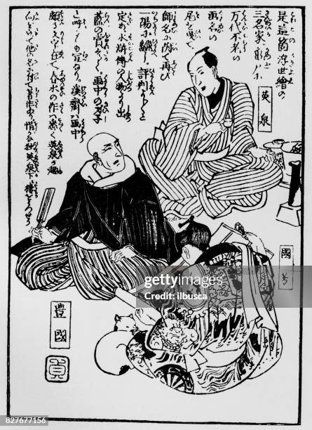 antique japanese illustration: toyokuni, yeisen and kuniyoshi by kuniyoshi - japanese language stock illustrations