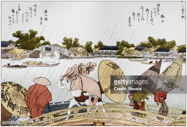 ilustraciones, imágenes clip art, dibujos animados e iconos de stock de ilustración japon antiguo: puente de makura sobre el río sumida por hokusai - katsushika hokusai