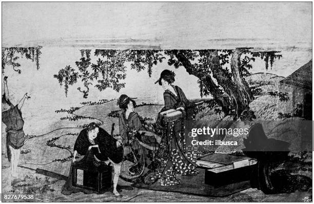 antique japanese illustration: pic nic party by hokusai - katsushika hokusai stock illustrations