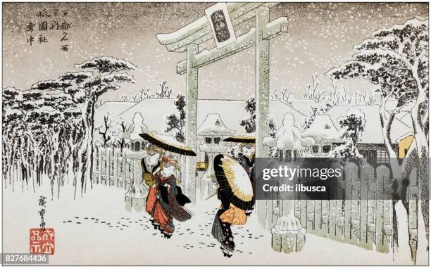 antique japanese illustration: gate of the shinto temple, shi-en-sha, kyoto, in winter by hiroshige i - asian and indian ethnicities stock illustrations