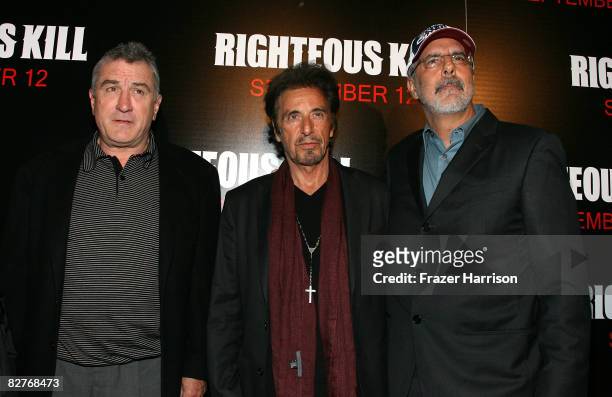 Actors Robert De Niro, Al Pacino and director Jon Avnet attend The Righteous Kill premiere at the The Ziegfeld on September 10, 2008 in New York City.