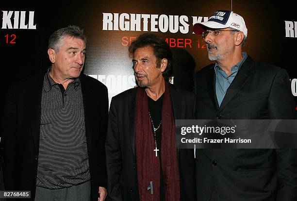 Actors Robert De Niro, Al Pacino and director Jon Avnet attend The Righteous Kill premiere at the The Ziegfeld on September 10, 2008 in New York City.