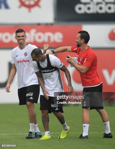 Pepe and Ricardo Quaresma of Besiktas attend a training session ahead of the Turkish Spor Toto Super Lig new season match between Besiktas and...