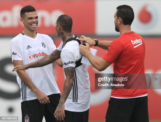 Pepe and Ricardo Quaresma of Besiktas attend a training session ahead of the Turkish Spor Toto Super Lig new season match between Besiktas and...