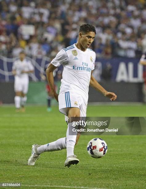 Achraf Hakimi of Real Madrid controls the ball against the MLS All-Stars during the 2017 MLS All- Star Game at Soldier Field on August 2, 2017 in...