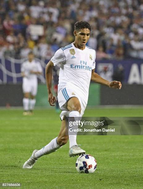 Achraf Hakimi of Real Madrid controls the ball against the MLS All-Stars during the 2017 MLS All- Star Game at Soldier Field on August 2, 2017 in...