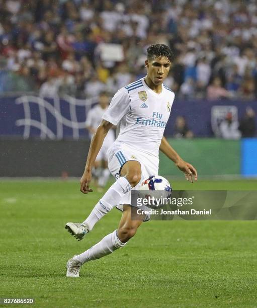 Achraf Hakimi of Real Madrid controls the ball against the MLS All-Stars during the 2017 MLS All- Star Game at Soldier Field on August 2, 2017 in...