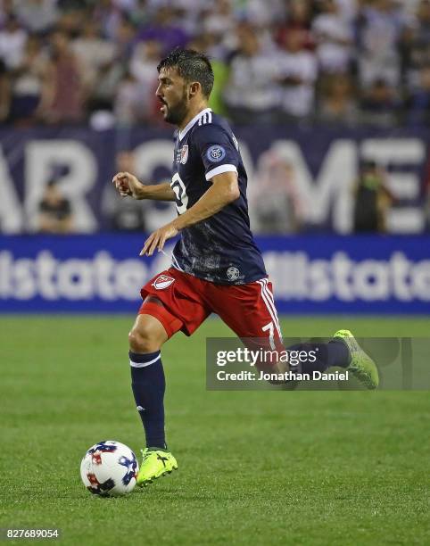 David Villa of the MLS All-Stars looks toi pass against Real Madrid during the 2017 MLS All- Star Game at Soldier Field on August 2, 2017 in Chicago,...