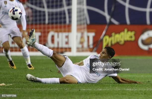 Achraf Hakimi of Real Madrid passes the ball from the ground against the MLS All-Stars during the 2017 MLS All- Star Game at Soldier Field on August...