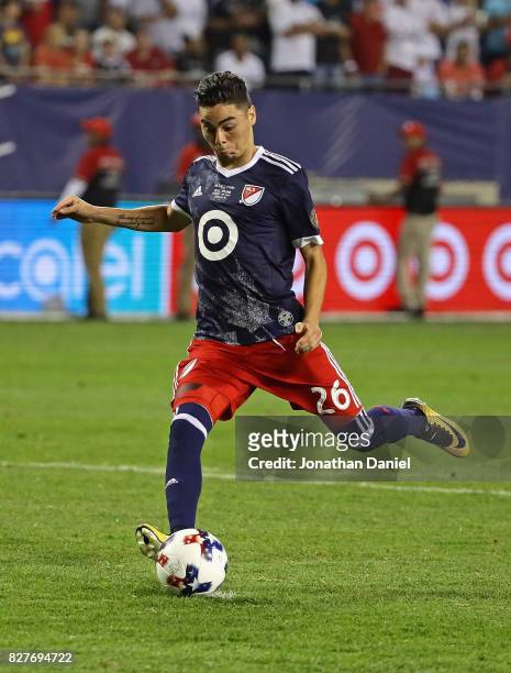 Miguel Almiron of the MLS All-Stars shoots against Real Madrid during the 2017 MLS All- Star Game at Soldier Field on August 2, 2017 in Chicago,...