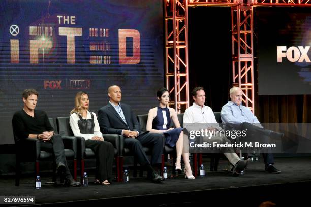 Actors Stephen Moyer, Jamie Chung, Coby Bell, Emma Dumont, and Executive Producers Matt Nix and Jeph Loeb of 'The Gifted' speak onstage during the...