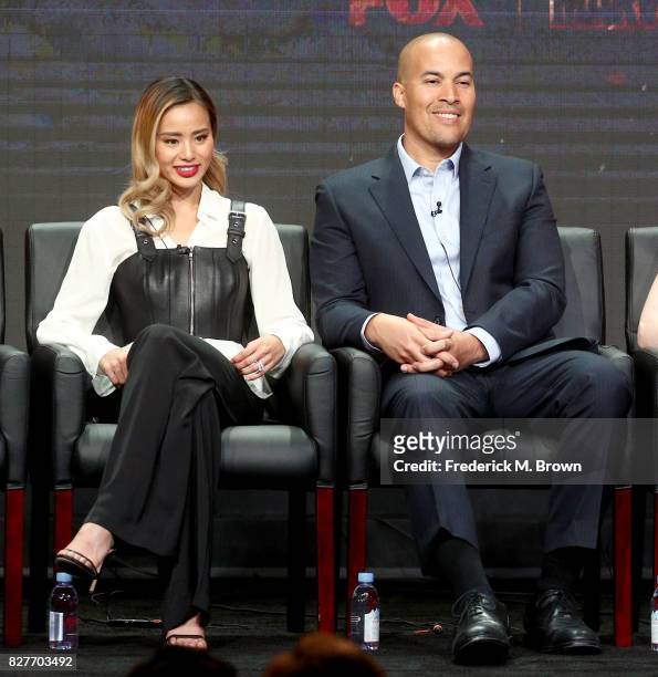 Actors Jamie Chung and Coby Bell of 'The Gifted' speak onstage during the FOX portion of the 2017 Summer Television Critics Association Press Tour at...