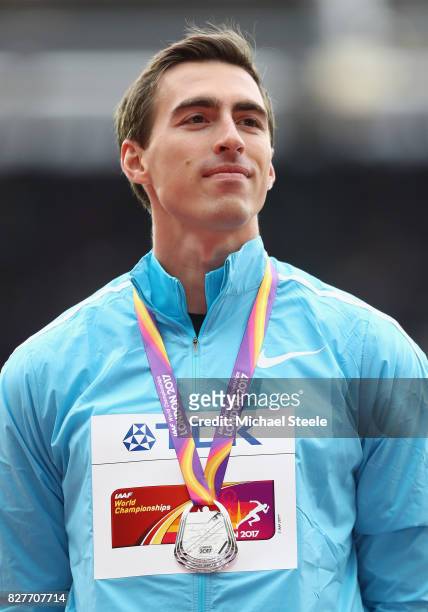 Sergey Shubenkov of Authorised Nuetral Athletes, silver, poses with his medal for the Men's 110 metres hurdles during day five of the 16th IAAF World...