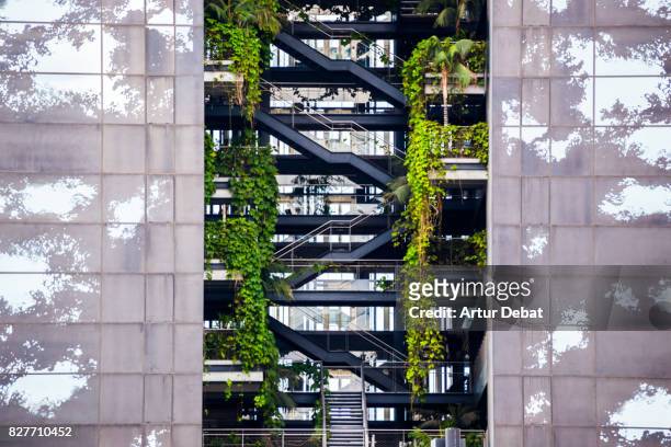 beautiful architecture building with levels and vegetation growing inside of the building. - ecosystem stock pictures, royalty-free photos & images