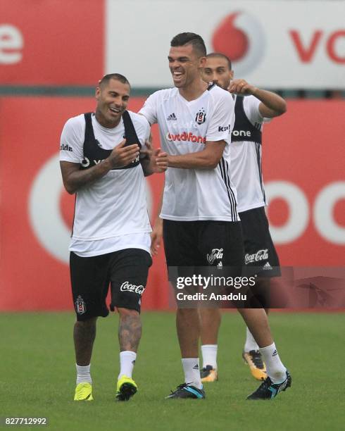 Pepe and Ricardo Quaresma of Besiktas attend a training session ahead of the Turkish Spor Toto Super Lig new season match between Besiktas and...