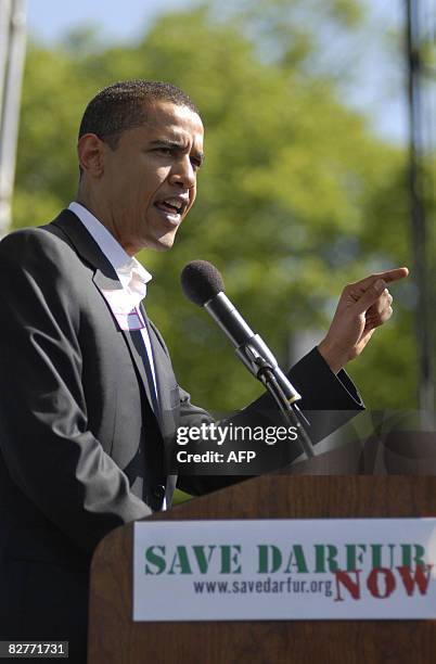 Sen. Barack Obama, D-IL, addresses a rally on the National Mall in Washington 30 April 2006 as thousands of people called on the US administration to...