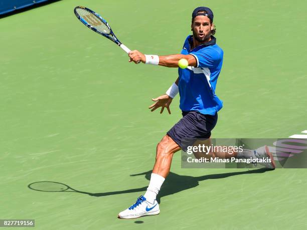 Feliciano Lopez of Spain hits a backhand slice return against Hyeon Chung of Korea during day five of the Rogers Cup presented by National Bank at...