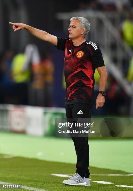 Jose Mourinho, Manager of Manchester United gives his team instructions during the UEFA Super Cup final between Real Madrid and Manchester United at...