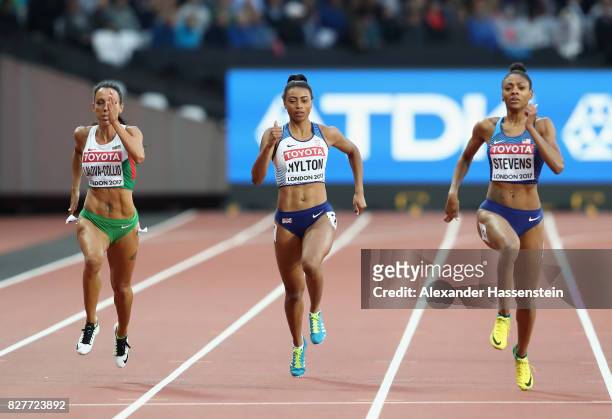 Ivet Lalova-Collio of Bulgaria, Shannon Hylton of Great Britain and Deajah Stevens of the United States compete in the Women's 200 metres heats...