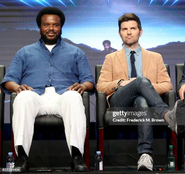 Executive producers/actors Craig Robinson and Adam Scott of 'Ghosted' speak onstage during the FOX portion of the 2017 Summer Television Critics...