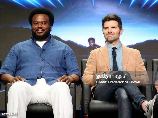 Executive producers/actors Craig Robinson and Adam Scott of 'Ghosted' speak onstage during the FOX portion of the 2017 Summer Television Critics...