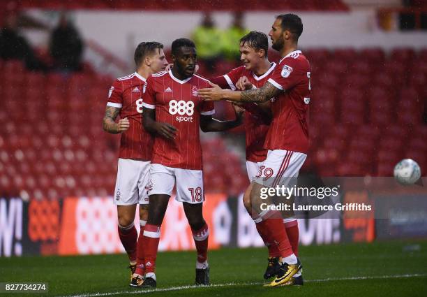 Mustapha Carayol of Nottingham Forest celebrates scoring his sides first goal with his team mates during the Carabao Cup First Round match between...