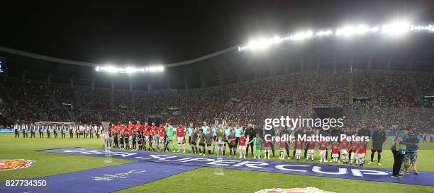 The two teams line up ahead of the UEFA Super Cup match between Real Madrid and Manchester United at Philip II Arena on August 8, 2017 in Skopje,...