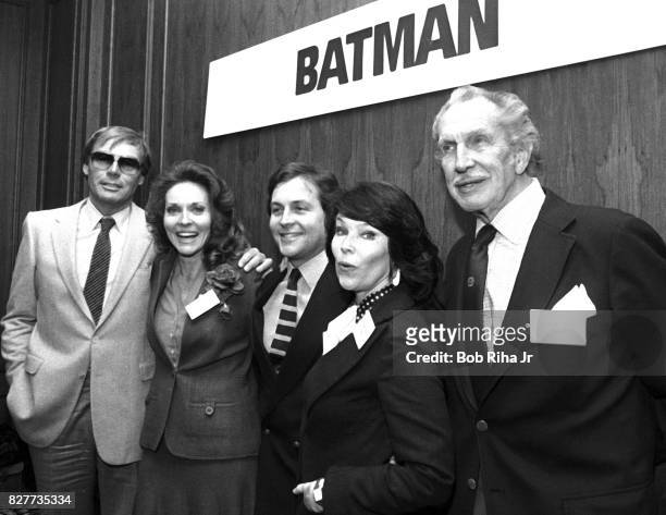 Cast members: , Adam West , Lee Meriwether , Burt Ward , Yvonne Craig and Vincent Price and pose at luncheon at Century Plaza Hotel, April 13, 1983...