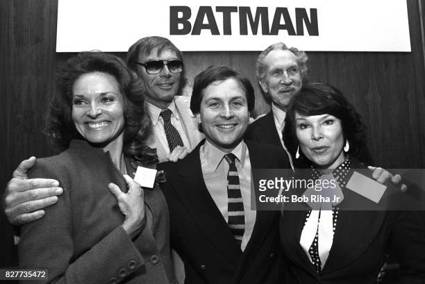 Cast members: Yvonne Craig , Adam West , Lee Meriwether , Vincent Price and Burt Ward pose at luncheon at Century Plaza Hotel, April 13, 1983 in Los...