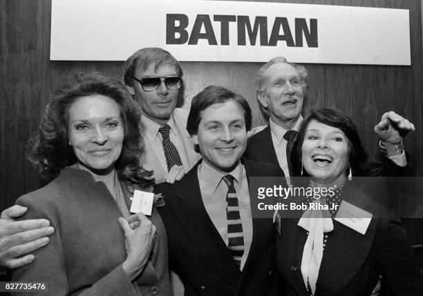 Cast members: Yvonne Craig , Adam West , Lee Meriwether , Vincent Price and Burt Ward pose at luncheon at Century Plaza Hotel, April 13, 1983 in Los...
