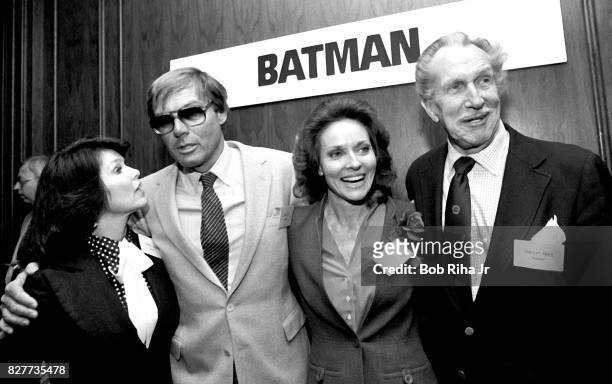Cast members: Yvonne Craig , Adam West , Lee Meriwether and Vincent Price pose at luncheon at Century Plaza Hotel, April 13, 1983 in Los Angeles. The...