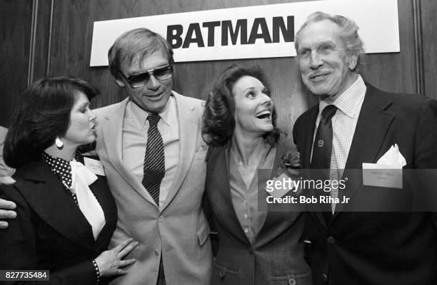 Cast members: Yvonne Craig , Adam West , Lee Meriwether and Vincent Price pose at luncheon at Century Plaza Hotel, April 13, 1983 in Los Angeles. The...