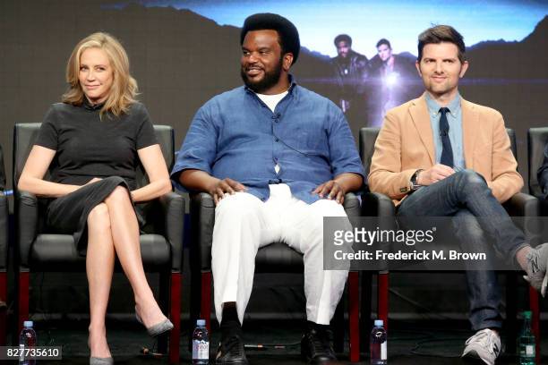 Actor Ally Walker and Executive producers/actors Craig Robinson and Adam Scott of 'Ghosted' speak onstage during the FOX portion of the 2017 Summer...