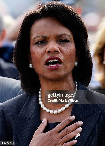 Secretary of State Condoleezza Rice sheds a tears while attending the Pentagon Memorial dedication ceremony on the seventh anniversary of the...