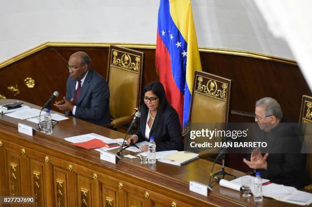 The president of Venezuela's Constituent Assembly Delcy Rodriguez , first vice president Aristobulo Isturiz and second vice president Isaias...