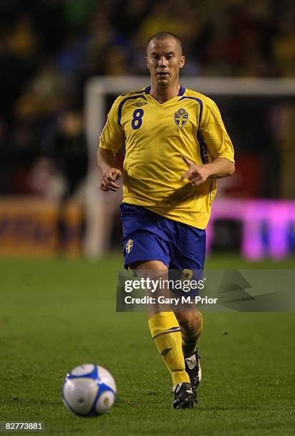 Daniel Andersson of Sweden in action during the FIFA2010 World Cup qualifier Group 1 match between Sweden and Hungary at the Rasunda Stadium on...